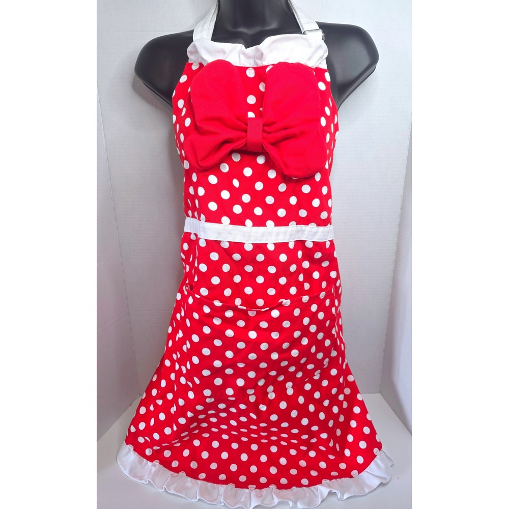 Disney Minnie Mouse Red Polka Dot Apron‎ with Bow Pocket Ruffle Trim Adult Size
